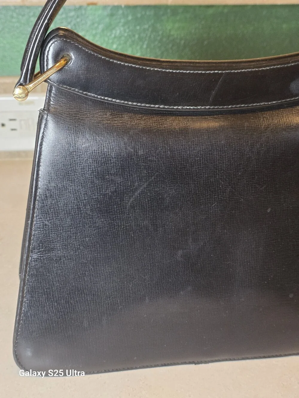 Vintage Black Leather Kelly Style Top Handle Bag Clasp Satchel